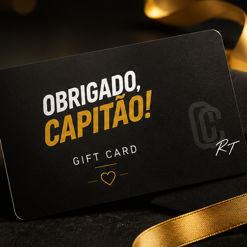 Promotional graphic for the Obrigado Capitão gift card, showing a black card with gold and white text, a wrapped gift box with a gold ribbon, and descriptive text in Portuguese highlighting the card's features and benefits.