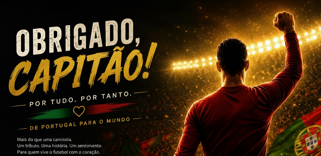 Promotional graphic with Portuguese text reading 'Obrigado, Capitão!' and 'Ver coleção' over a soccer player seen from behind raising a fist in a stadium. The player wears a red shirt, with stadium lights, confetti, and Portugal flags in the background.