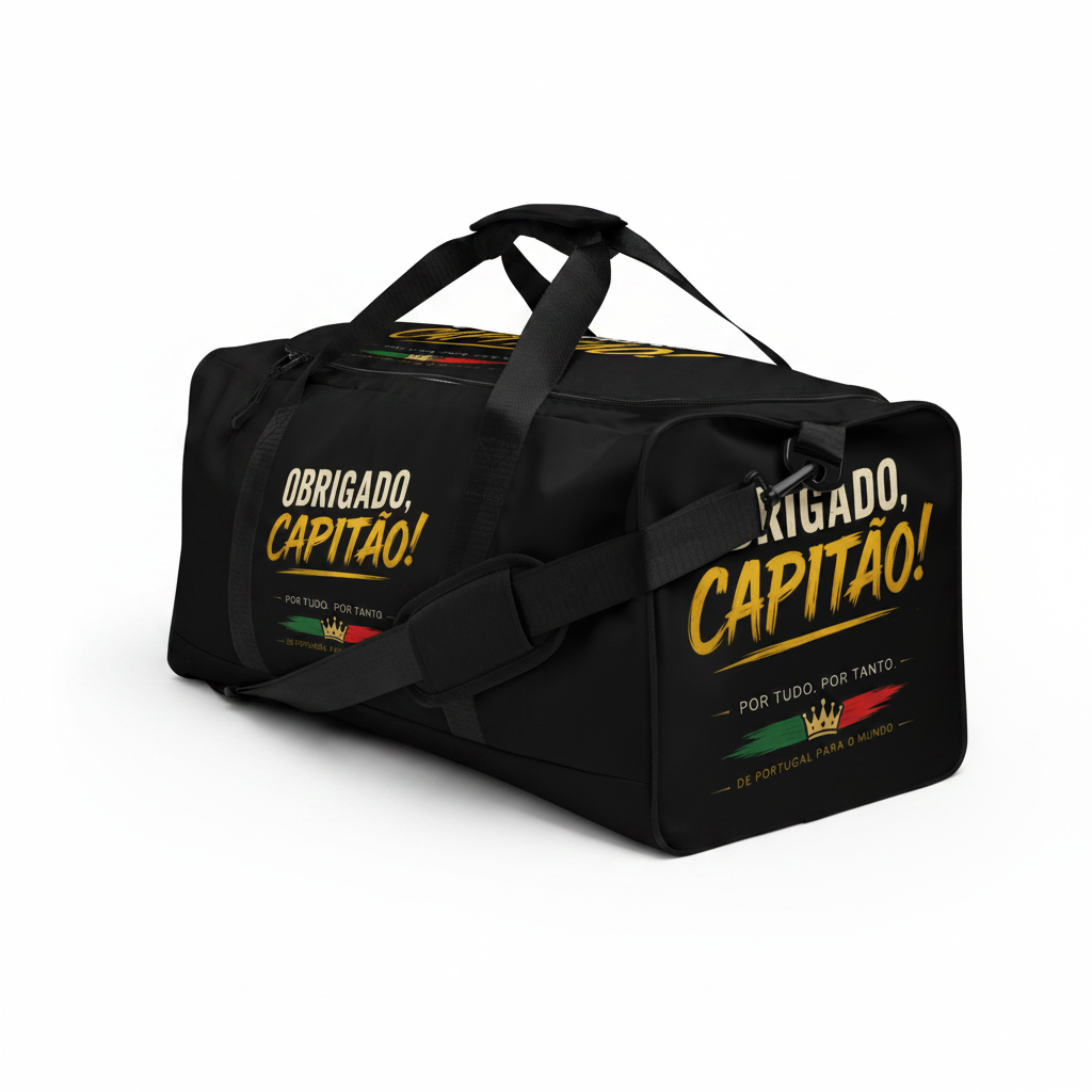 A black duffel bag with yellow, red, and green printed graphics and Portuguese text reading 'Obrigado, Capitão!' and 'Por Tudo, Por Tanto!', shown on a clean white background.