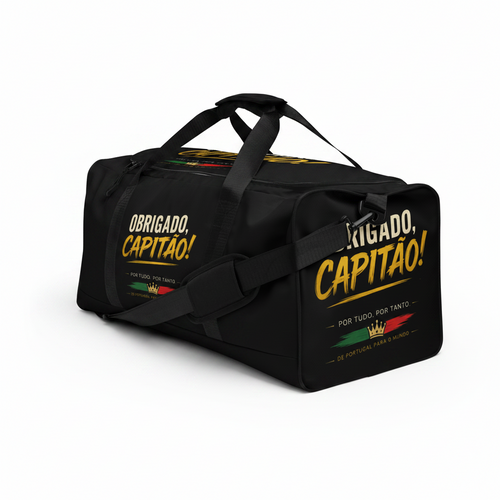 A black duffel bag with yellow, red, and green printed graphics and Portuguese text reading 'Obrigado, Capitão!' and 'Por Tudo, Por Tanto!', shown on a clean white background.