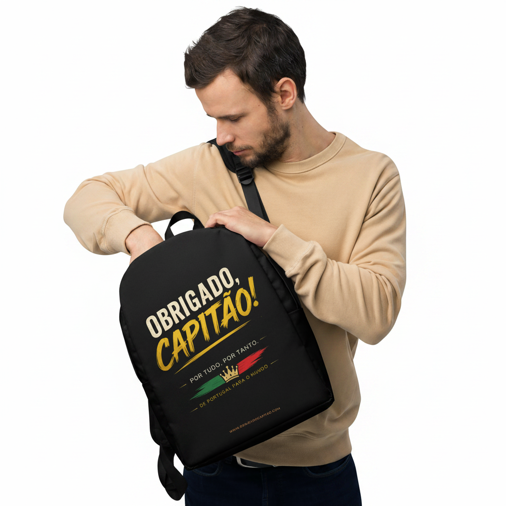 A man in a beige sweatshirt holds a black backpack against his back. The backpack features a bold graphic print in Portuguese reading 'OBRIGADO, CAPITAO!' in white and yellow, with a red, green, and yellow flag design and a small gold crown below.